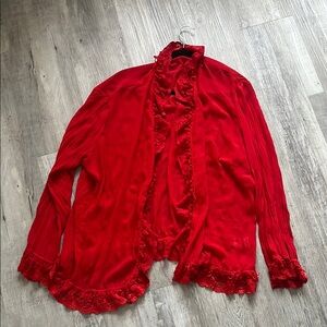Elegant Red Lace Trim Cardigan